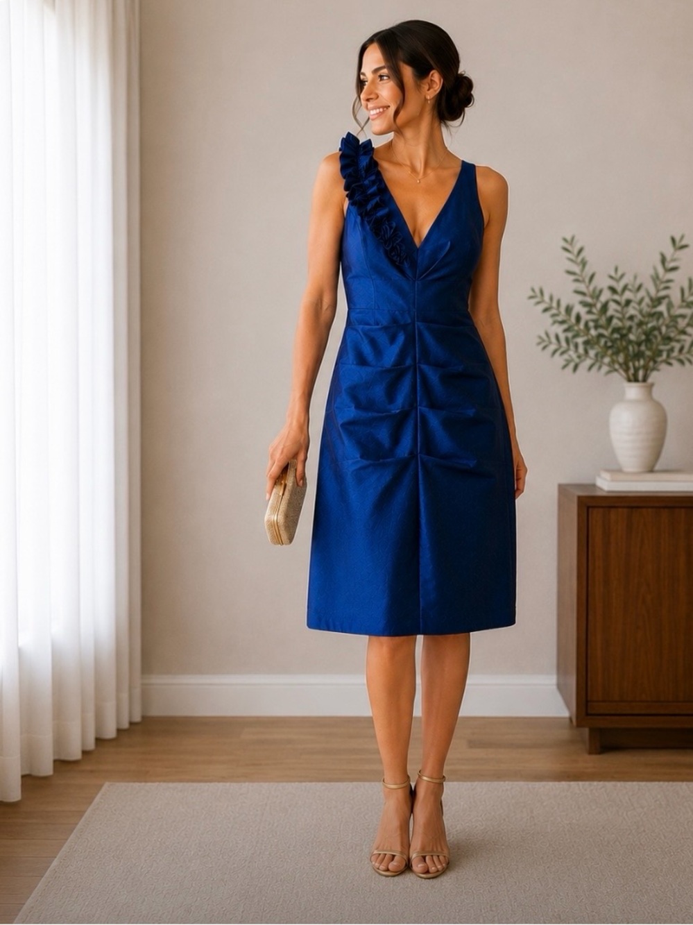 R&M Richards Royal Blue One Shoulder Ruffle Cocktail Dress Size 16 Wedding Guest